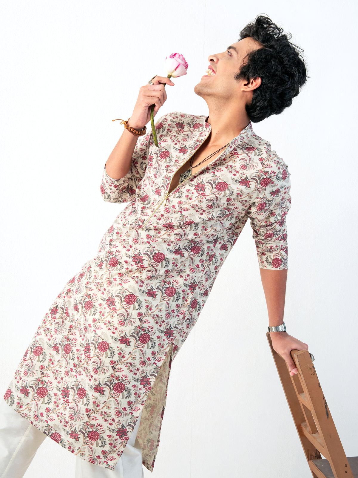 Mens Multicolor Blended Print Kurta with Zip