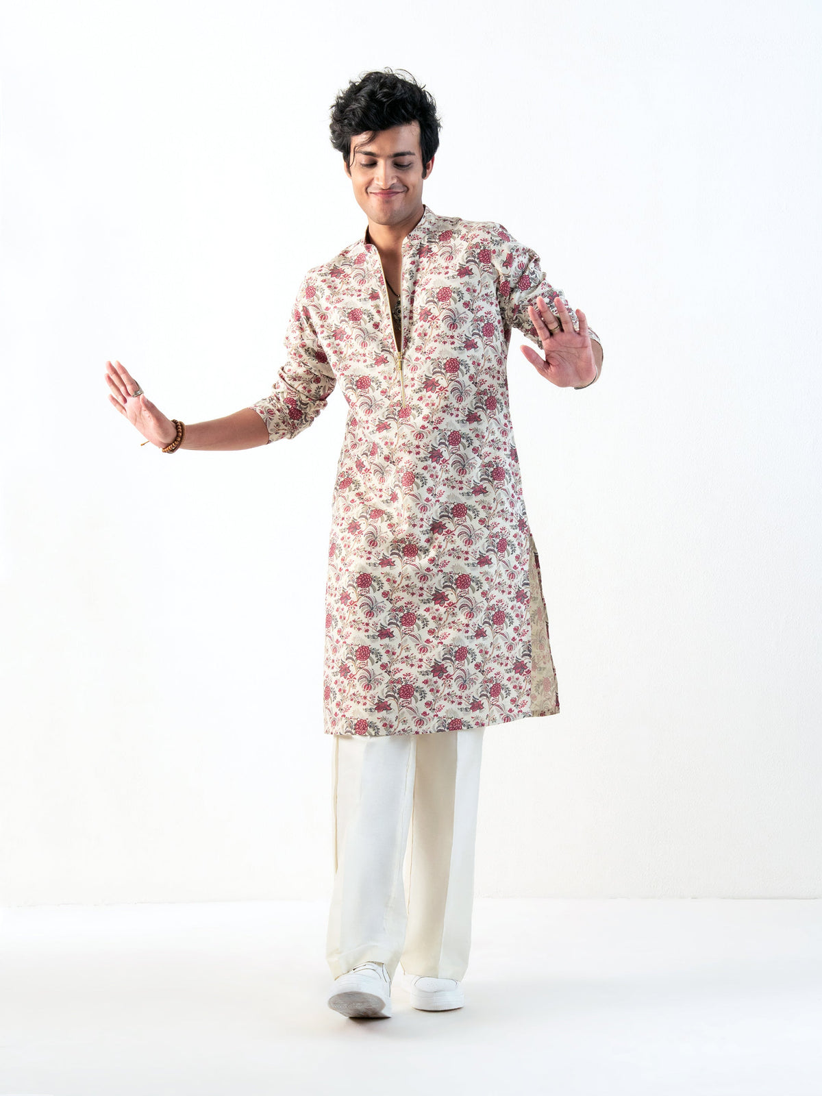 Mens Multicolor Blended Print Kurta with Zip