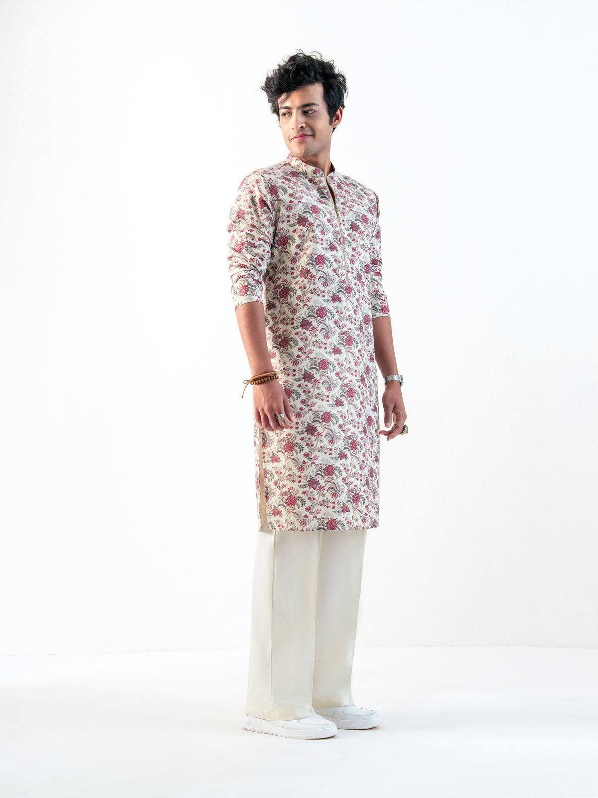 Mens Multicolor Blended Print Kurta with Zip