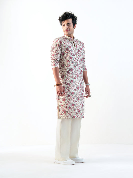 Mens Multicolor Blended Print Kurta with Zip