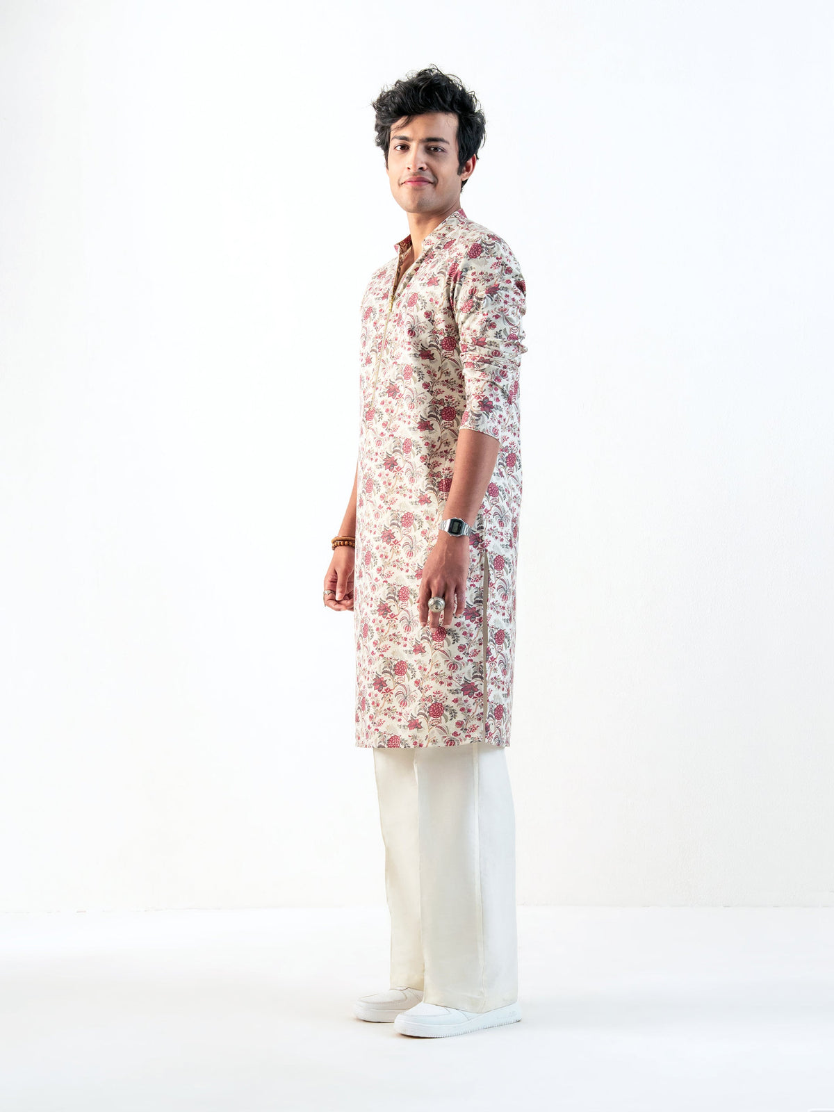 Mens Multicolor Blended Print Kurta with Zip