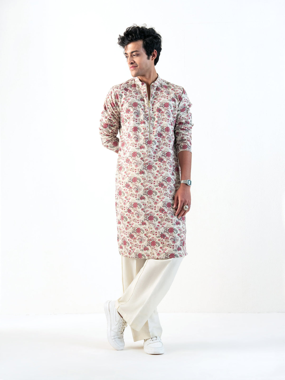 Mens Multicolor Blended Print Kurta with Zip