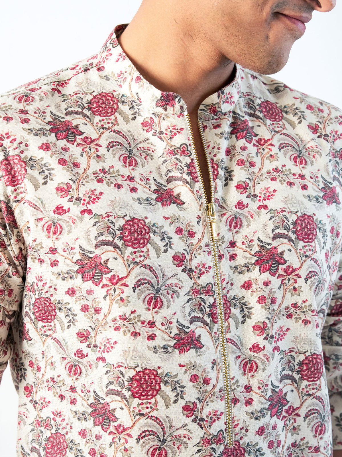 Mens Multicolor Blended Print Kurta with Zip