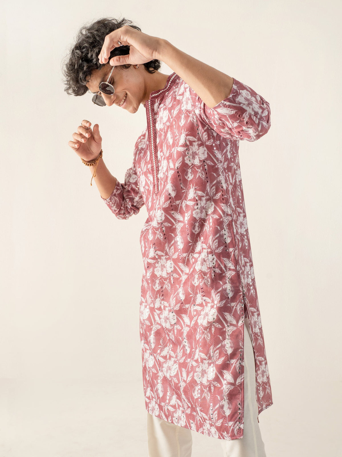 Mens Maroon Blended Print Kurta