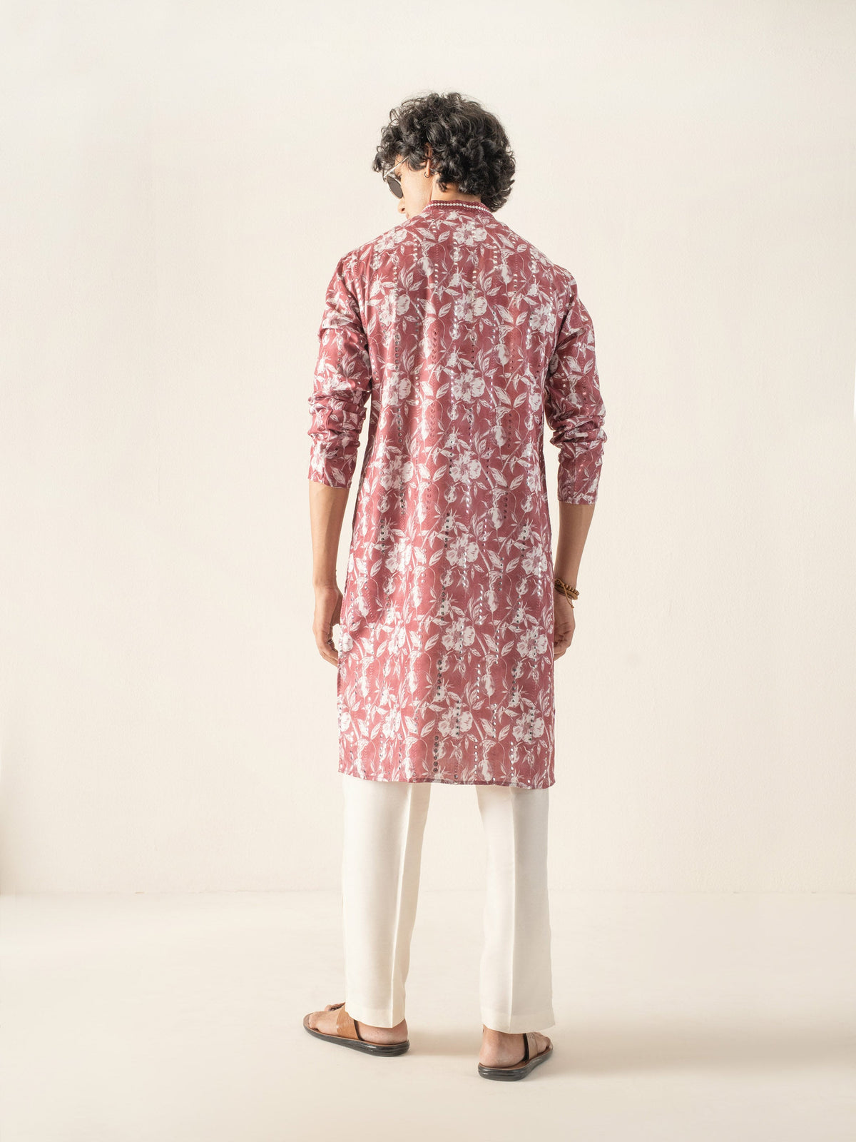 Mens Maroon Blended Print Kurta