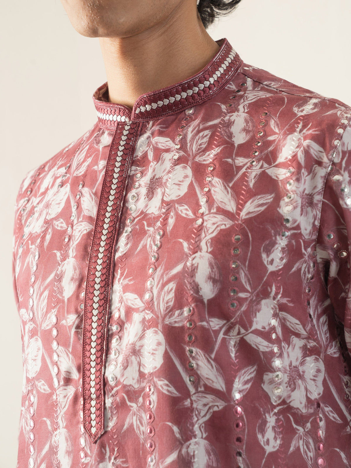Mens Maroon Blended Print Kurta