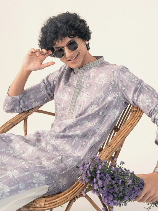 Mens Purple Blended Print Kurta