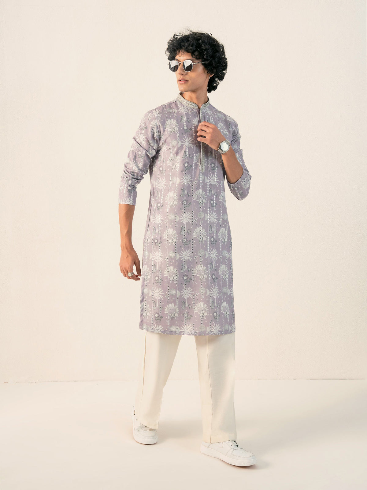 Mens Purple Blended Print Kurta