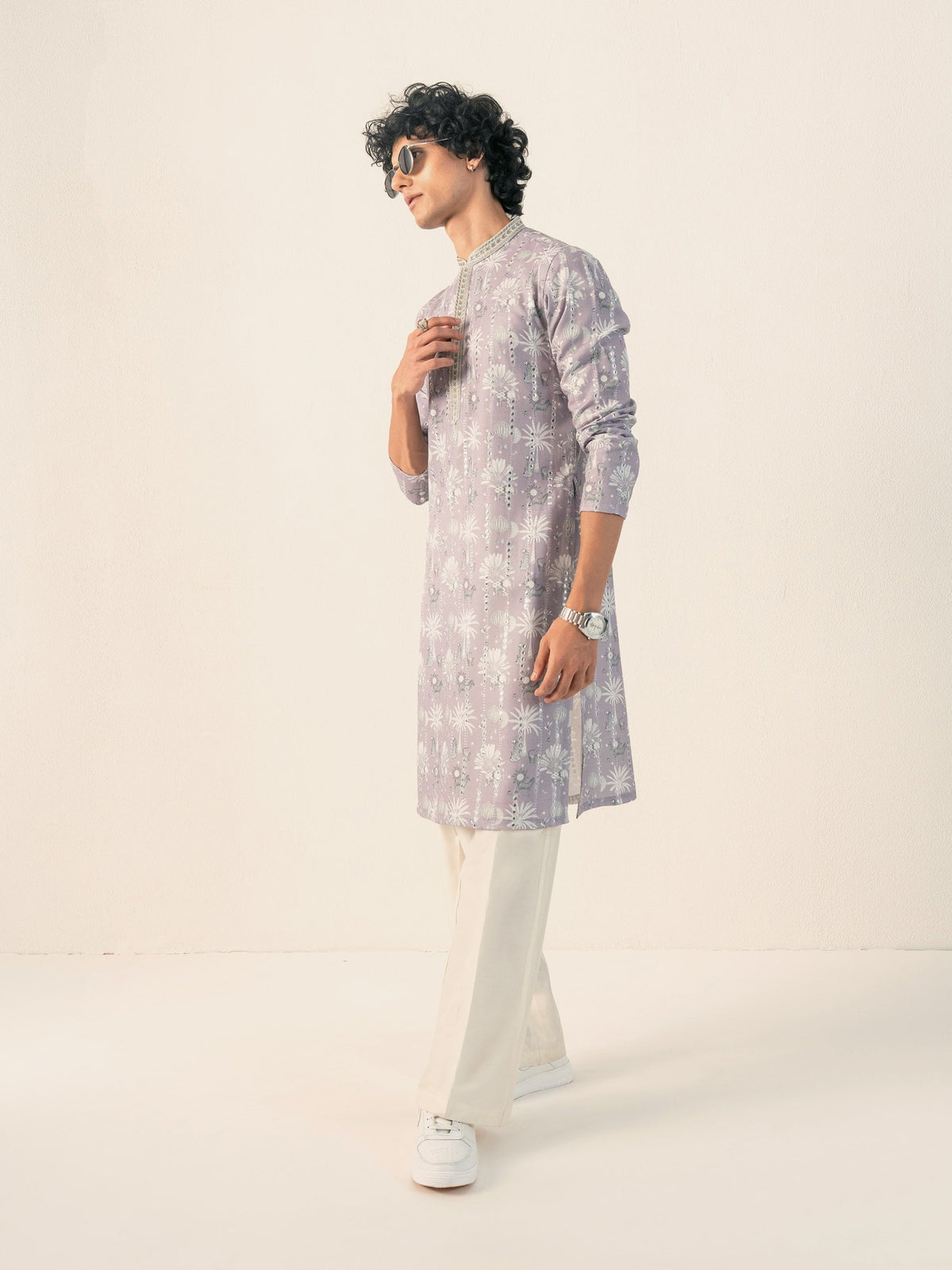 Mens Purple Blended Print Kurta