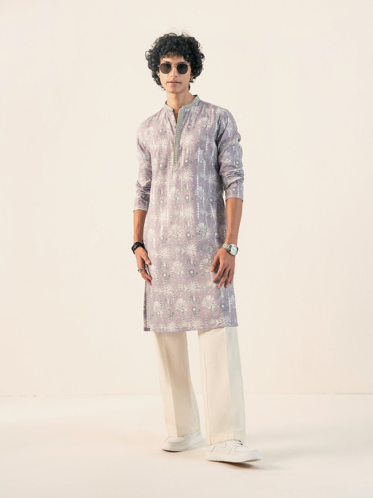 Mens Purple Blended Print Kurta