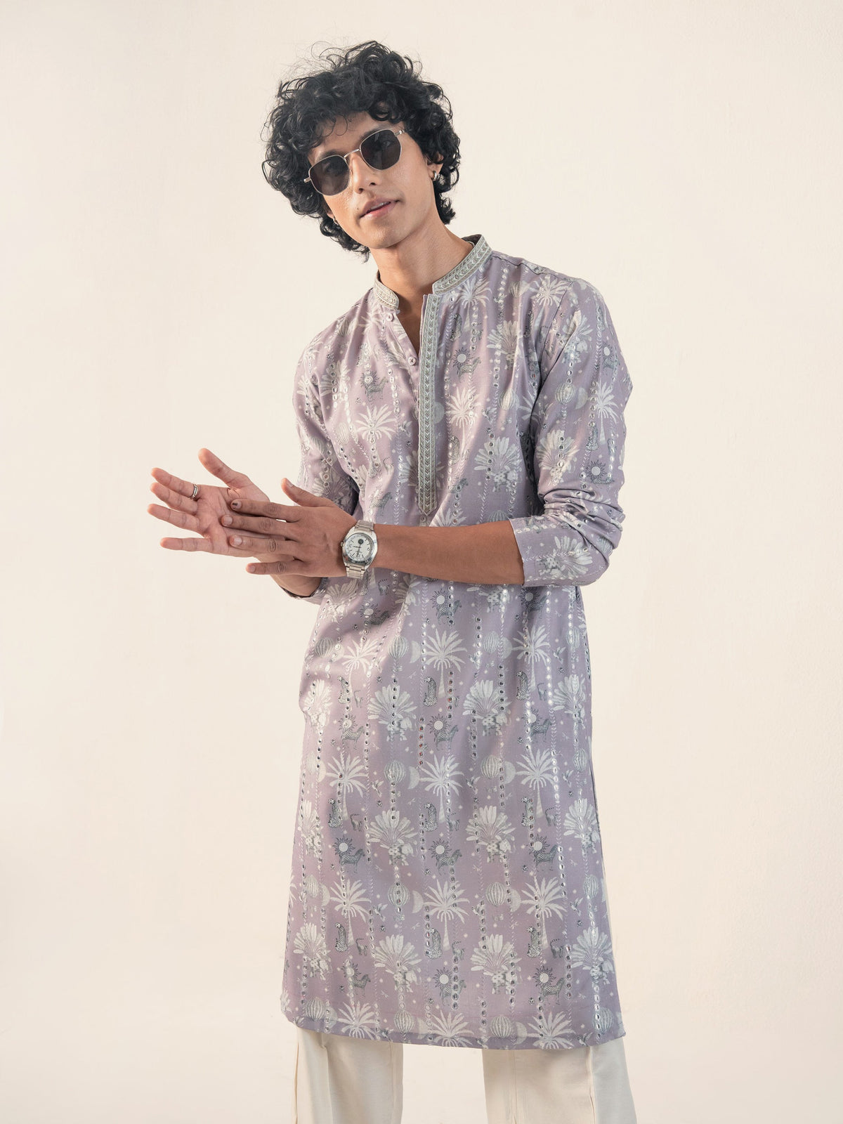 Mens Purple Blended Print Kurta