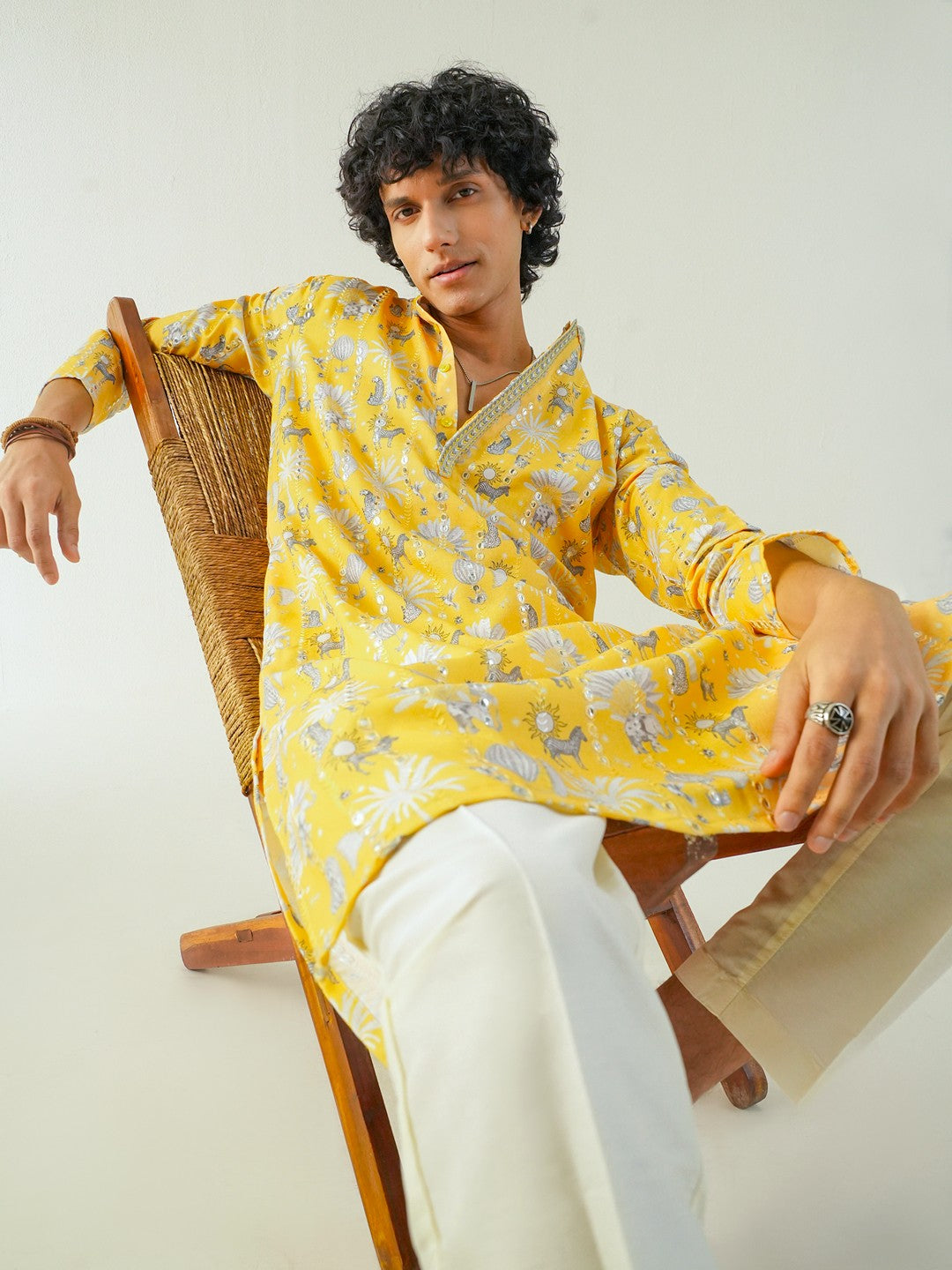 Mens Yellow Blended Print Kurta