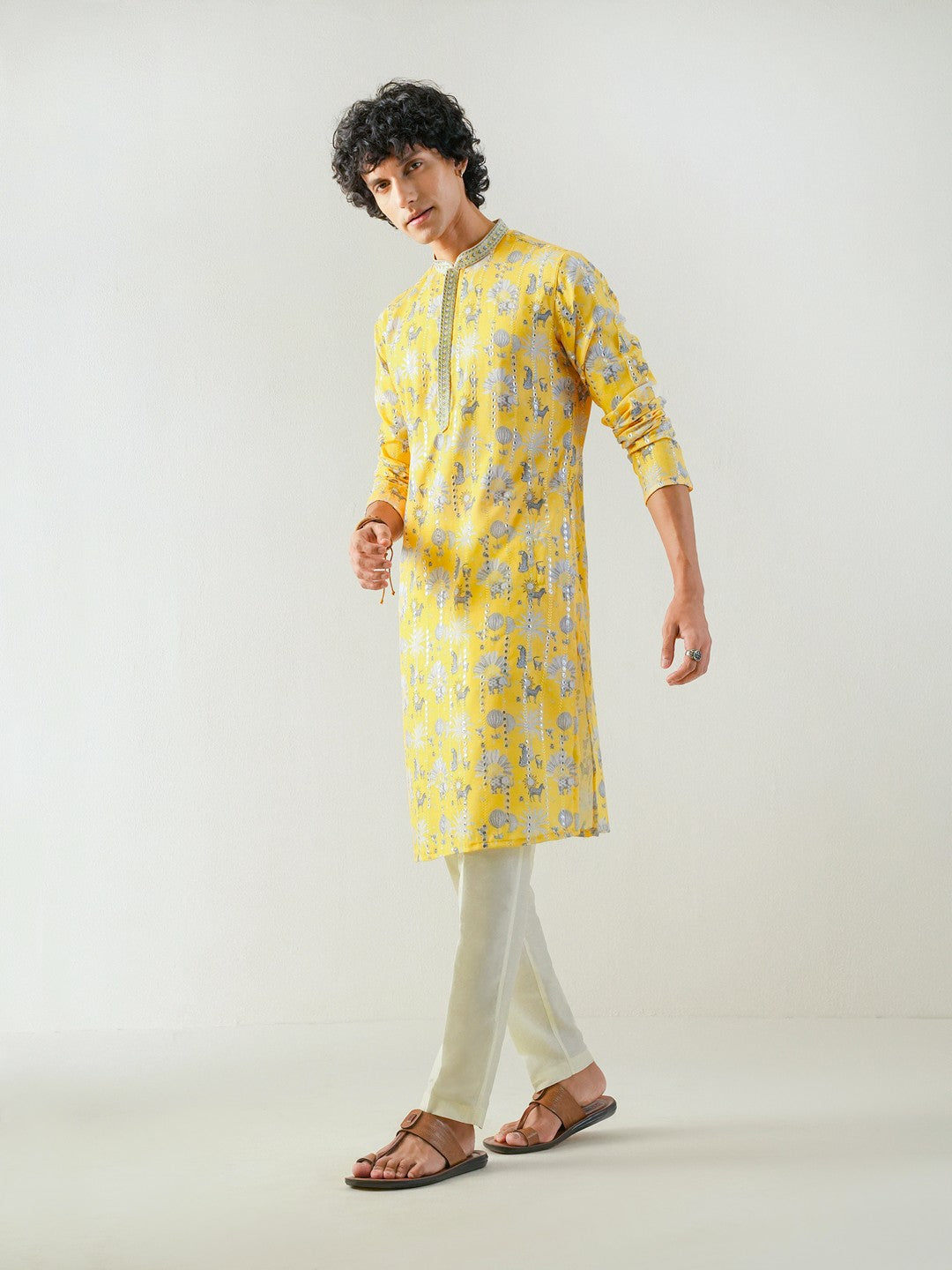 Mens Yellow Blended Print Kurta