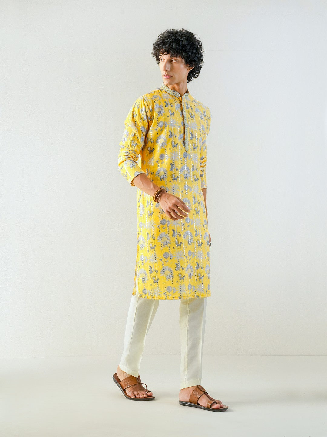 Mens Yellow Blended Print Kurta