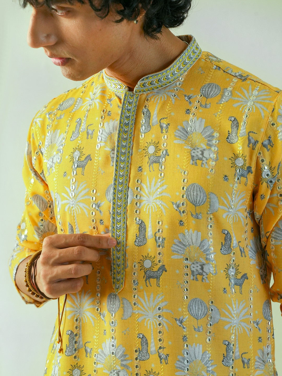 Mens Yellow Blended Print Kurta