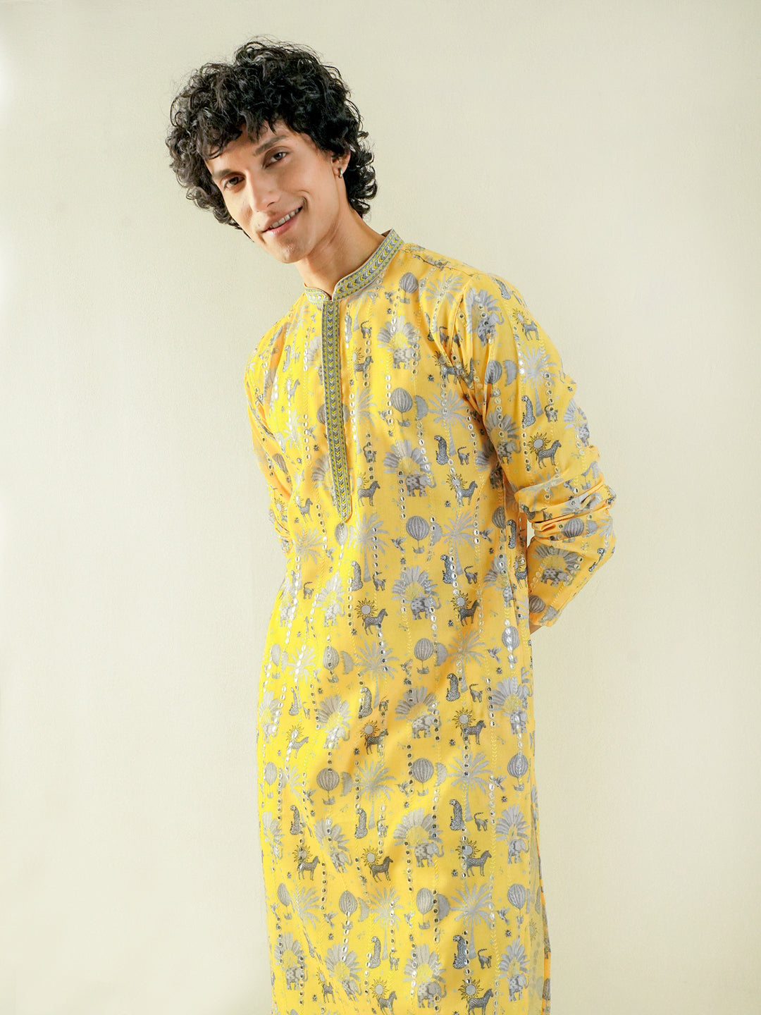 Mens Yellow Blended Print Kurta