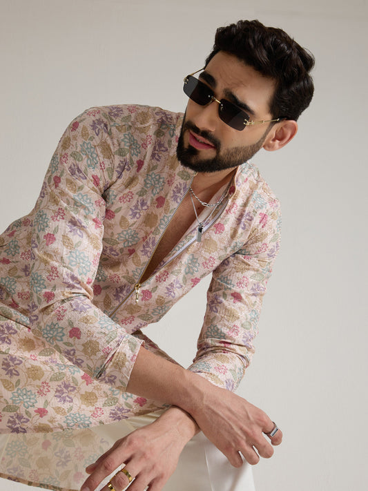 Mens Multicolor Blended Print Kurta with Zip