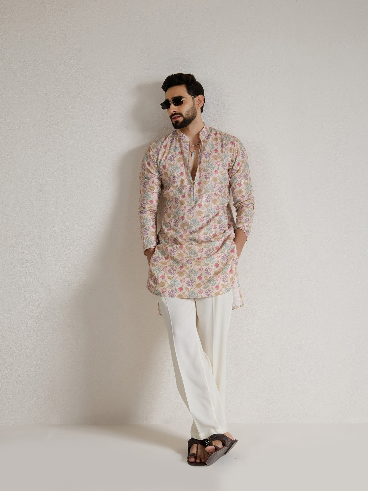 Mens Multicolor Blended Print Kurta with Zip