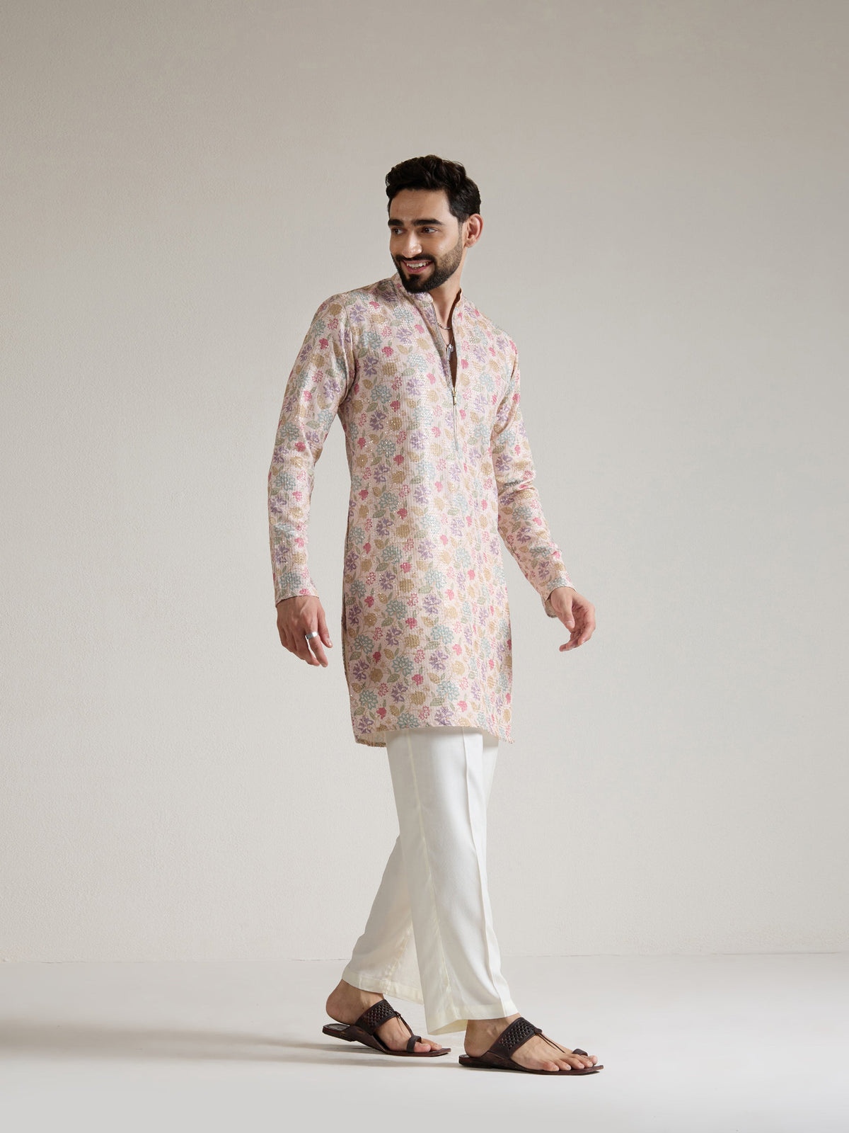 Mens Multicolor Blended Print Kurta with Zip