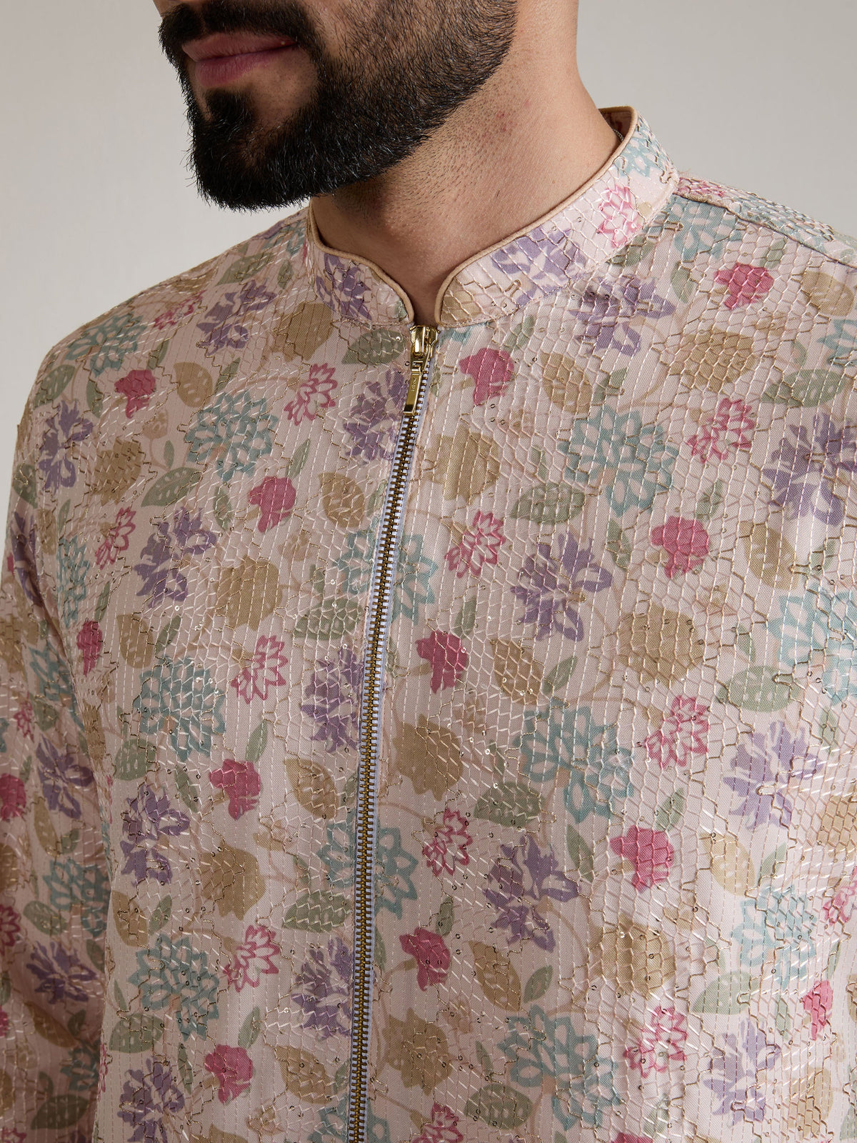 Mens Multicolor Blended Print Kurta with Zip