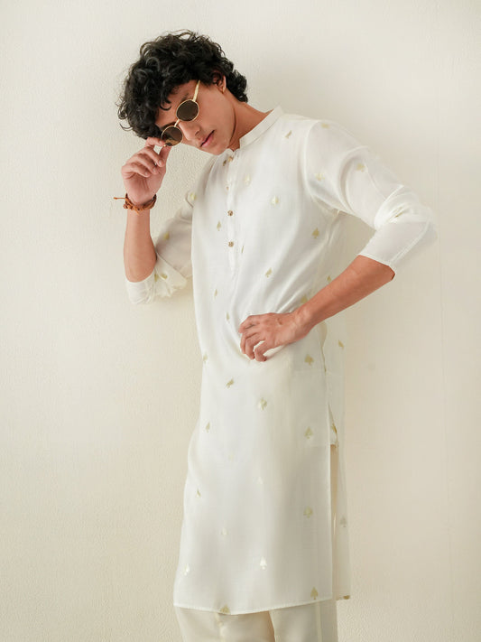 Mens Off-White Blended Print Kurta