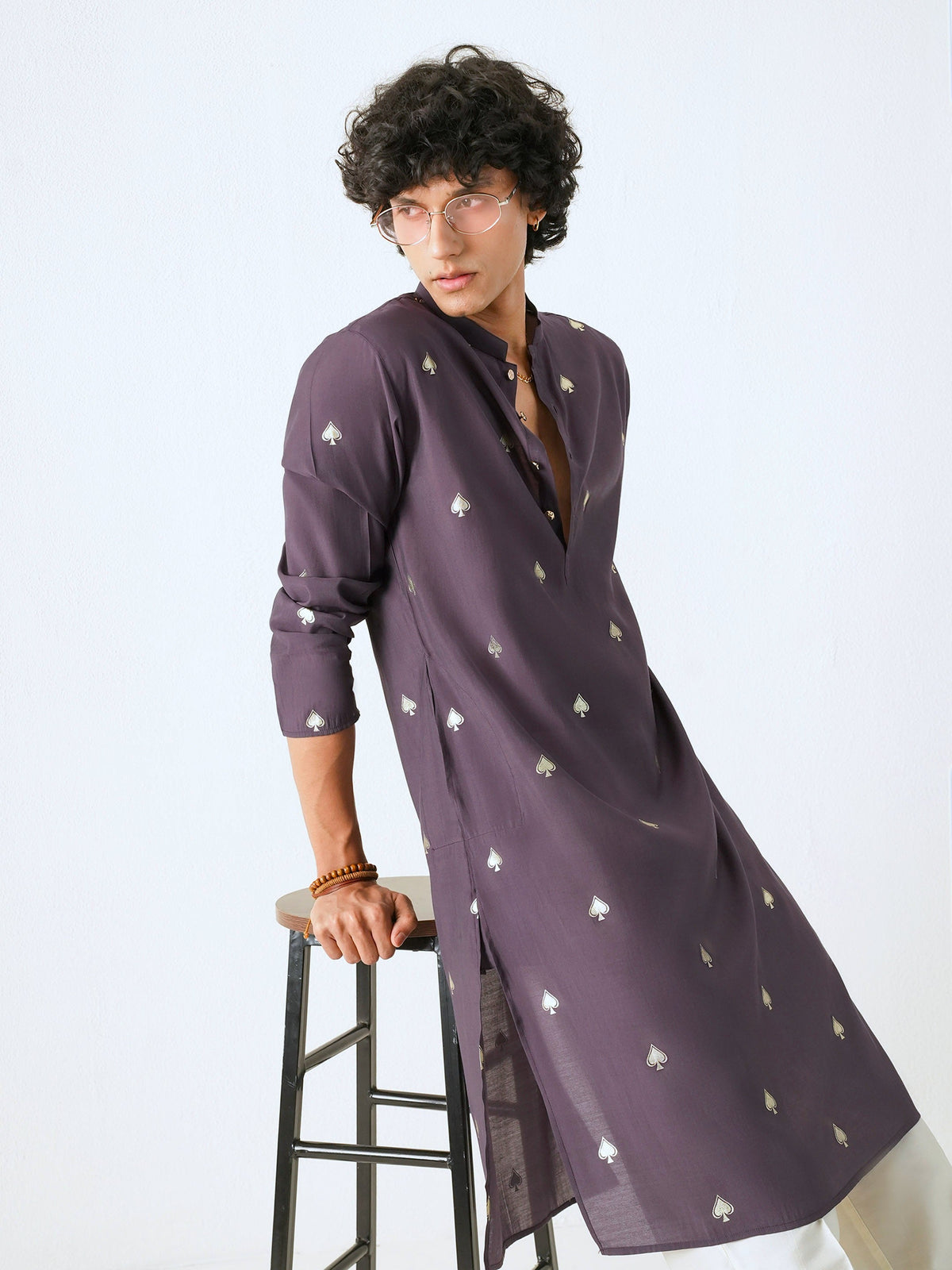 Mens Purple Blended Print Kurta