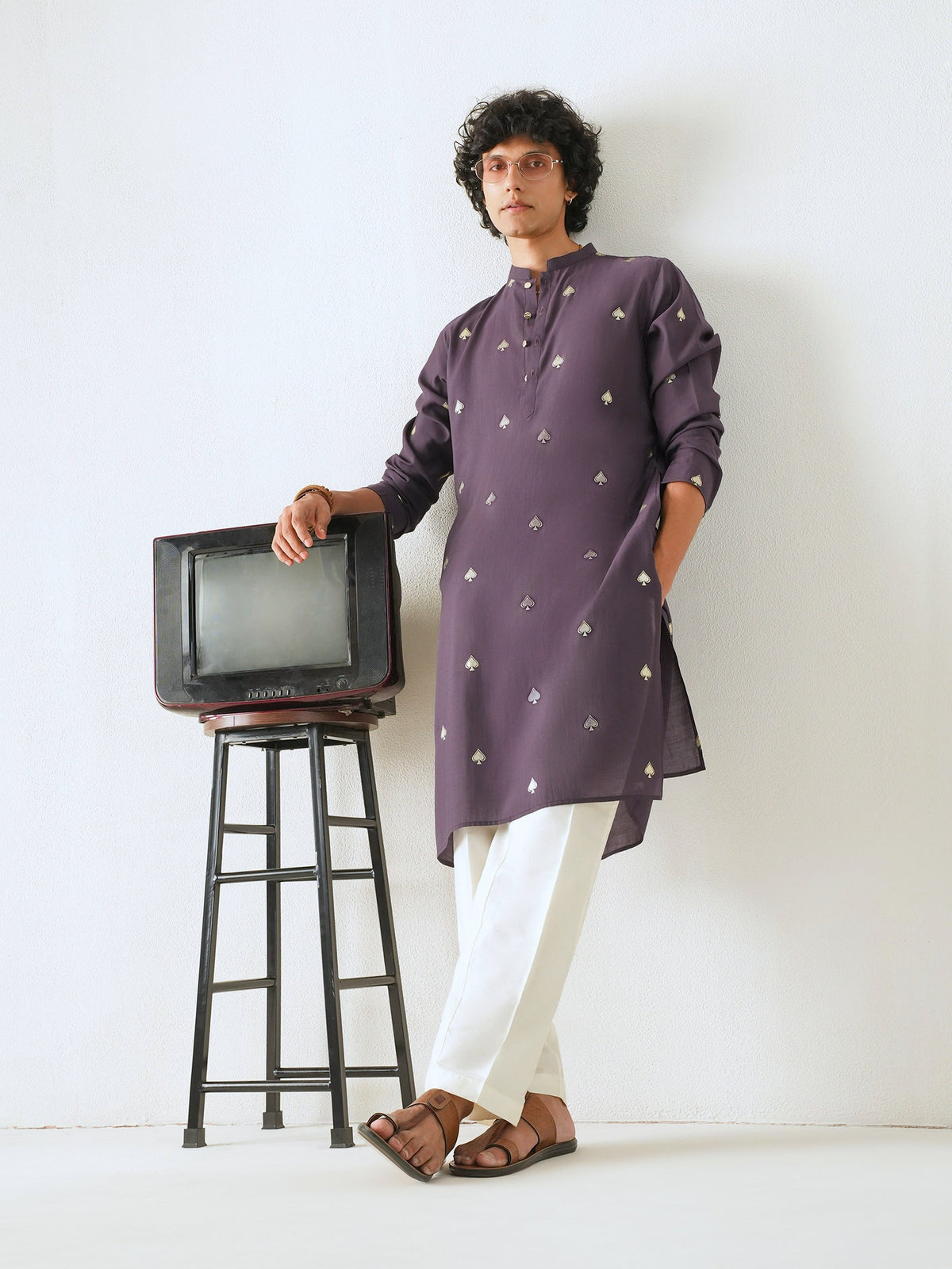 Mens Purple Blended Print Kurta