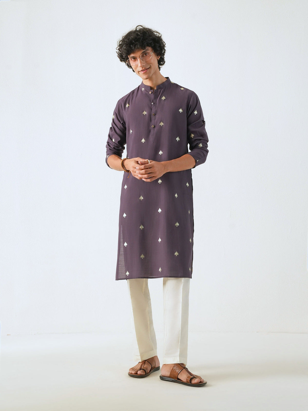 Mens Purple Blended Print Kurta