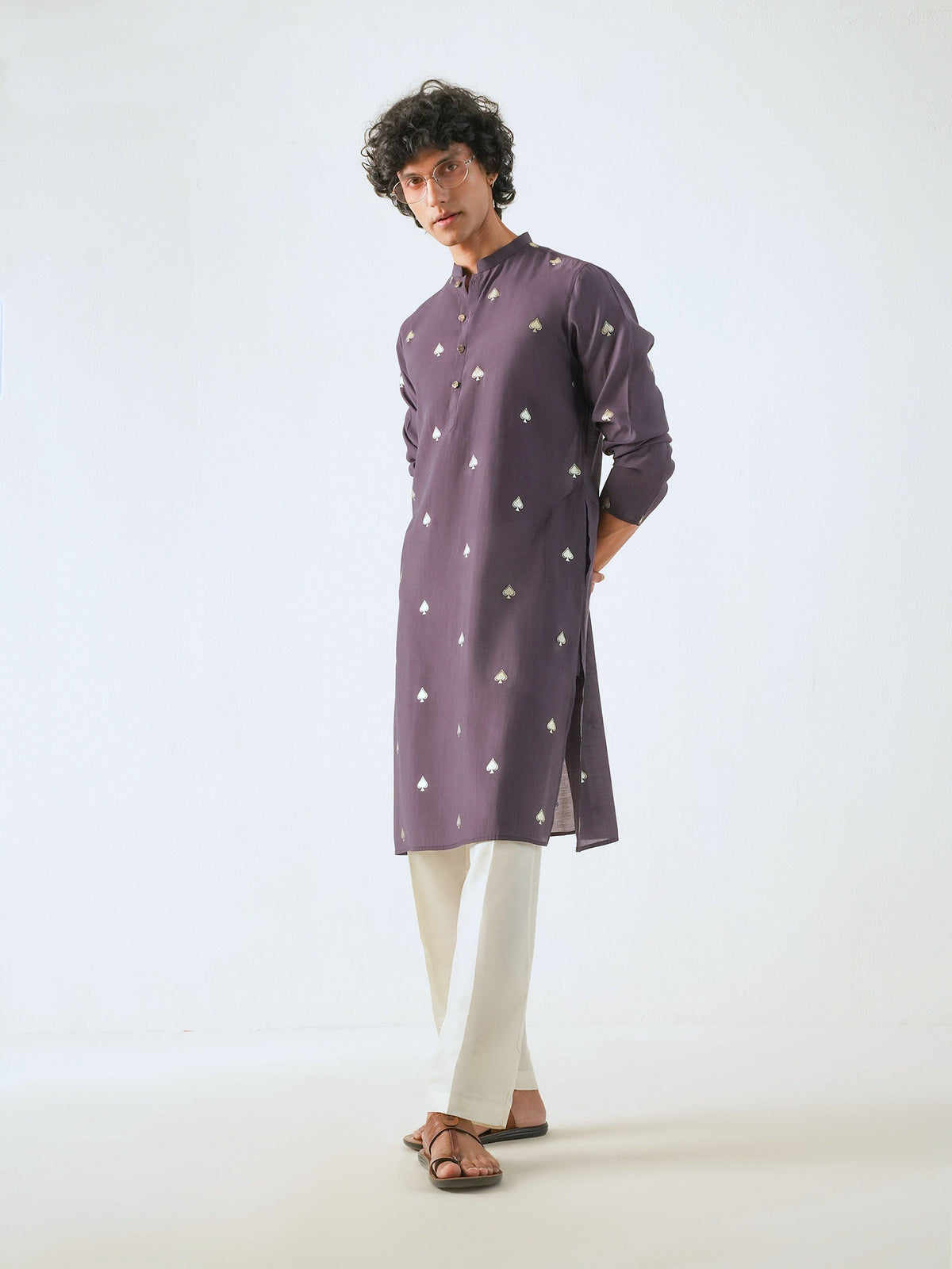Mens Purple Blended Print Kurta