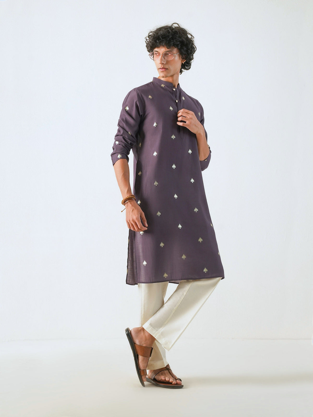 Mens Purple Blended Print Kurta
