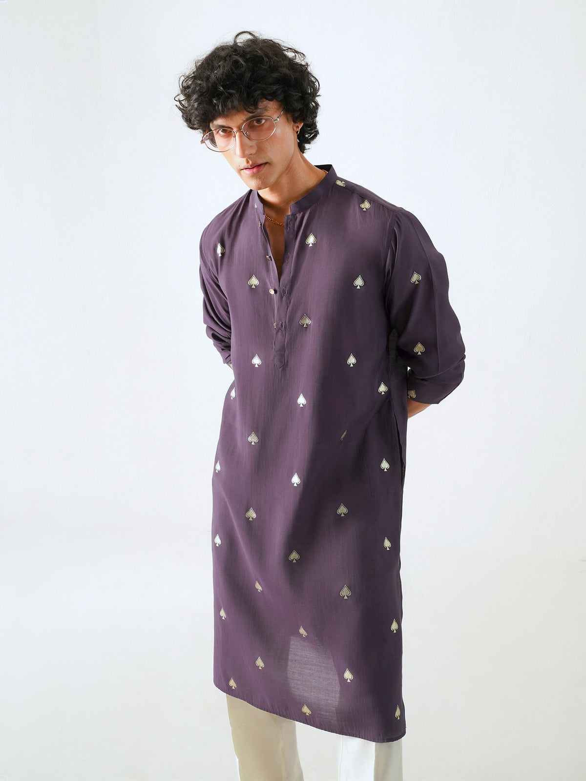 Mens Purple Blended Print Kurta