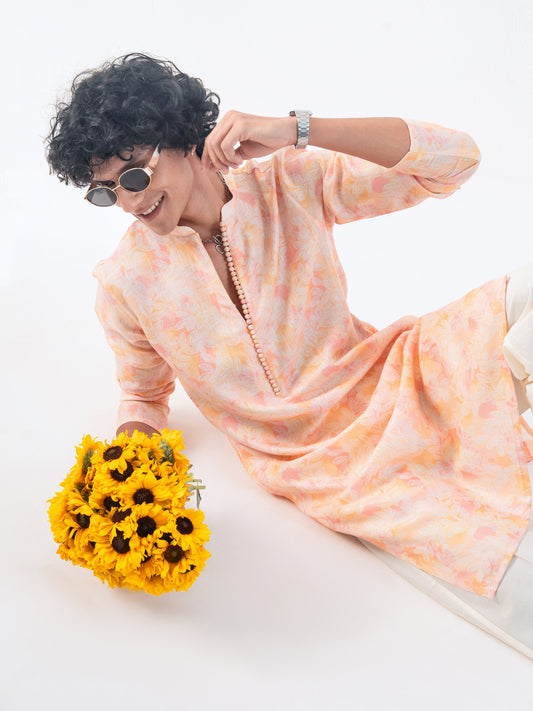 Mens Yellow Blended Print Kurta