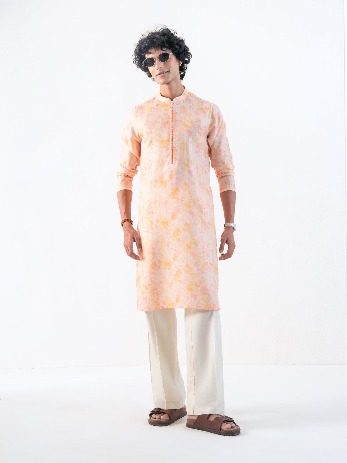 Mens Yellow Blended Print Kurta