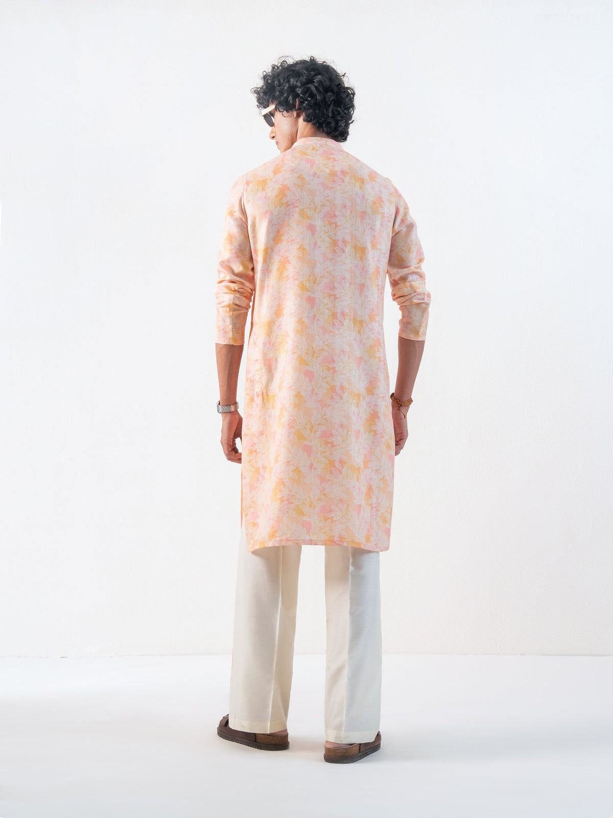 Mens Yellow Blended Print Kurta
