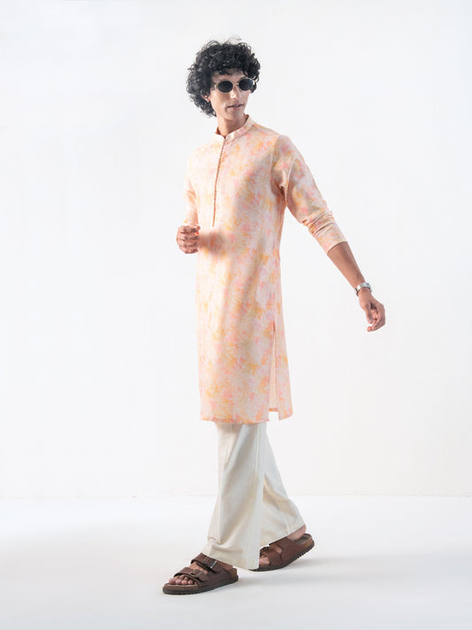 Mens Yellow Blended Print Kurta