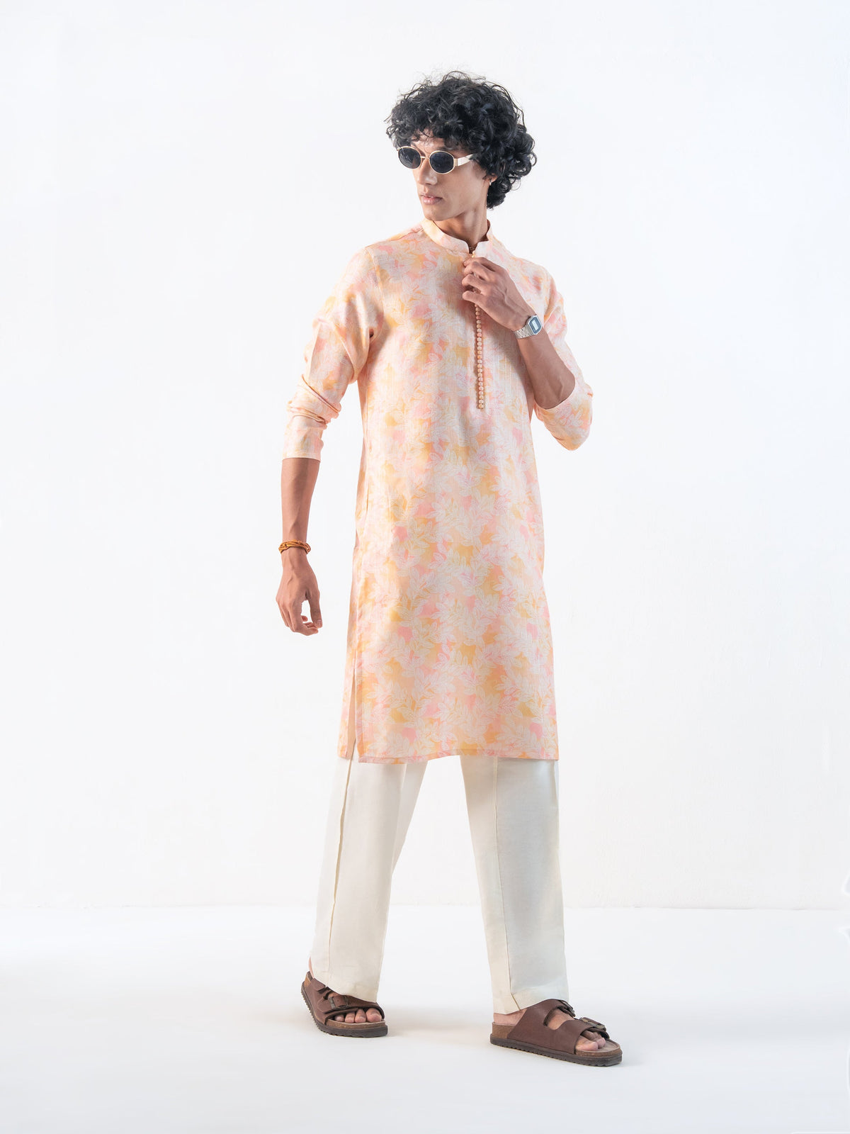 Mens Yellow Blended Print Kurta