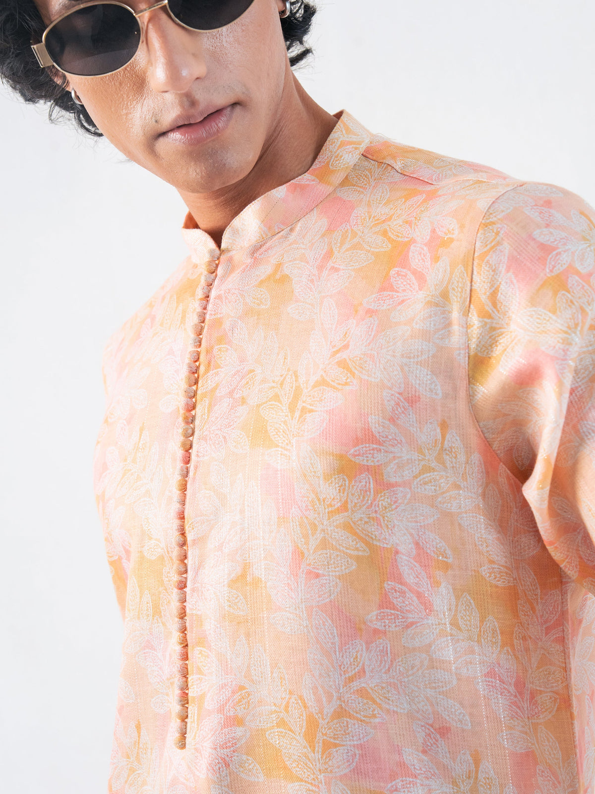 Mens Yellow Blended Print Kurta
