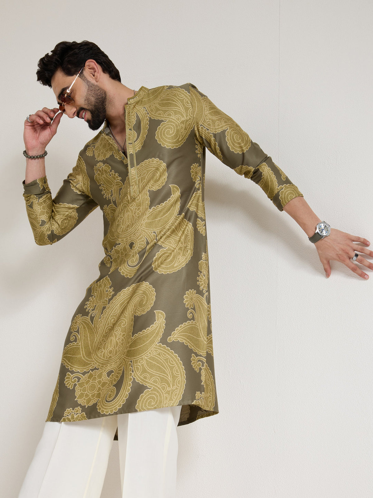 Mens Green Silk Print Kurta