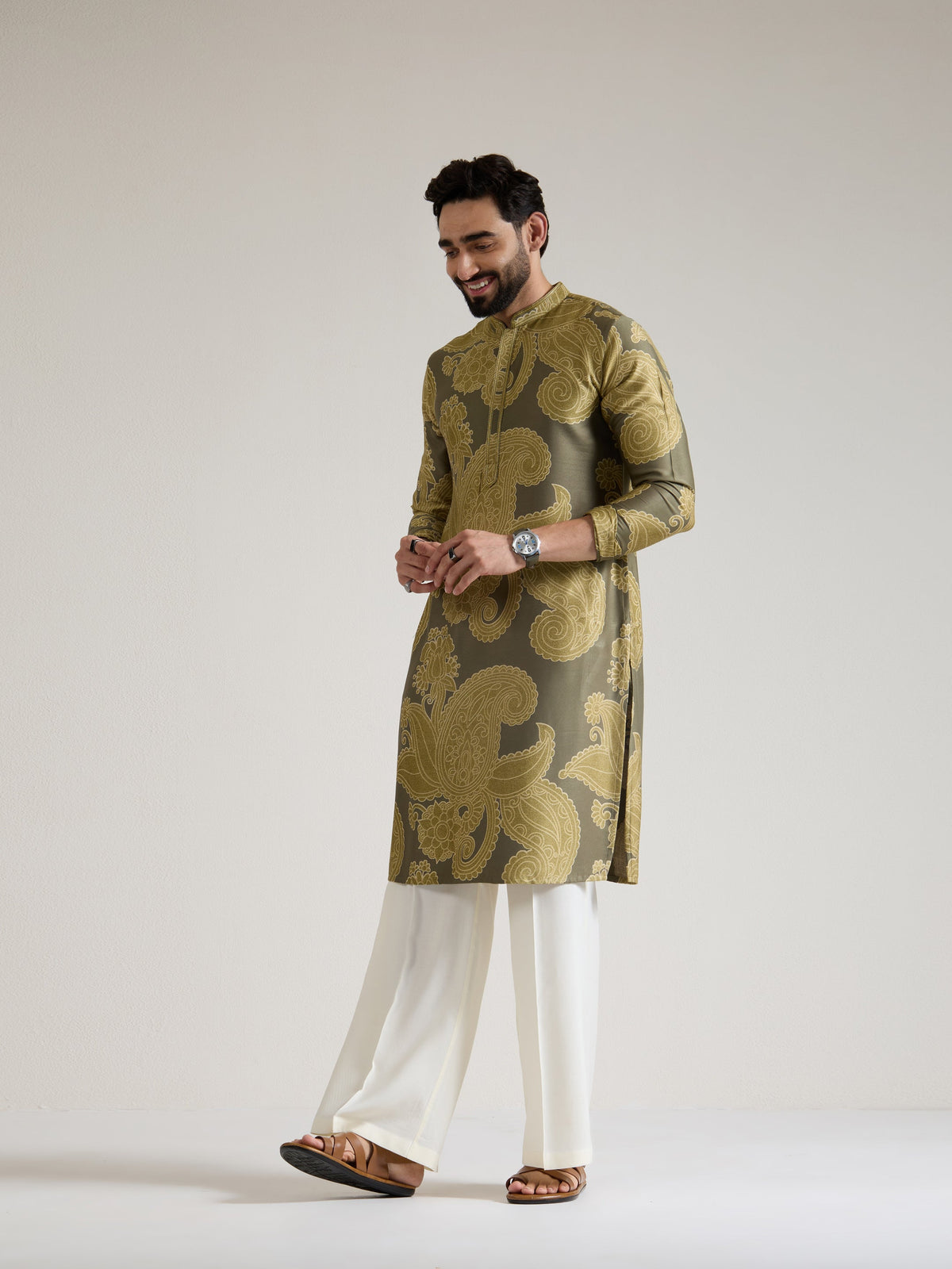 Mens Green Silk Print Kurta