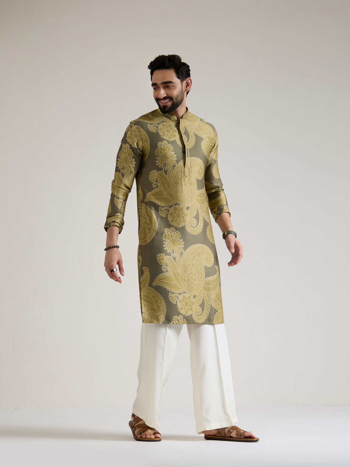 Mens Green Silk Print Kurta