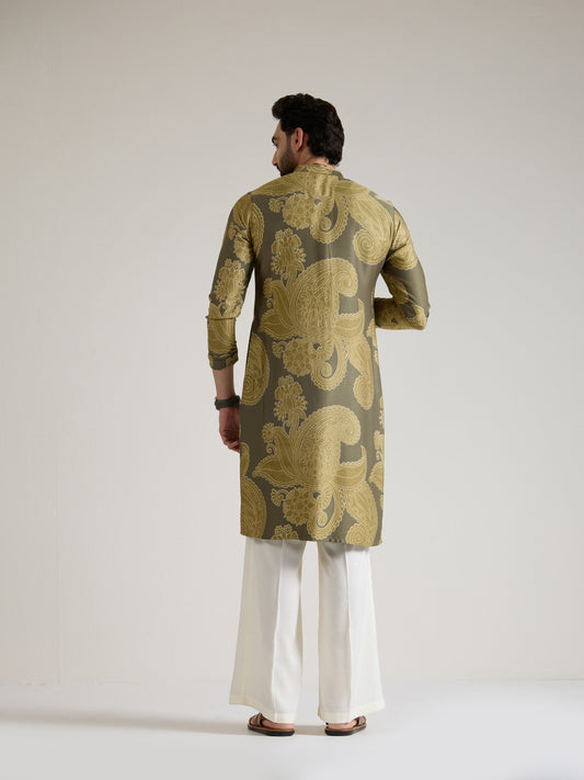 Mens Green Silk Print Kurta