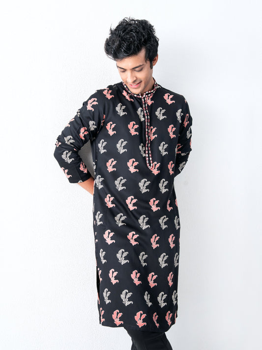 Mens Black Silk Print Kurta