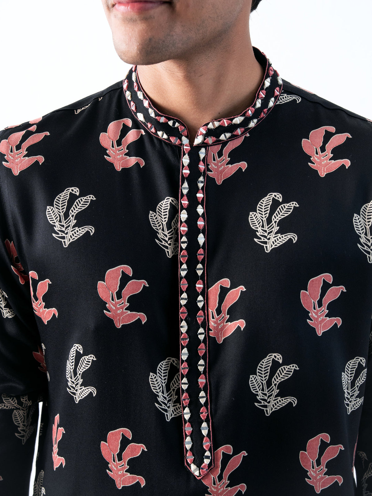 Mens Black Silk Print Kurta