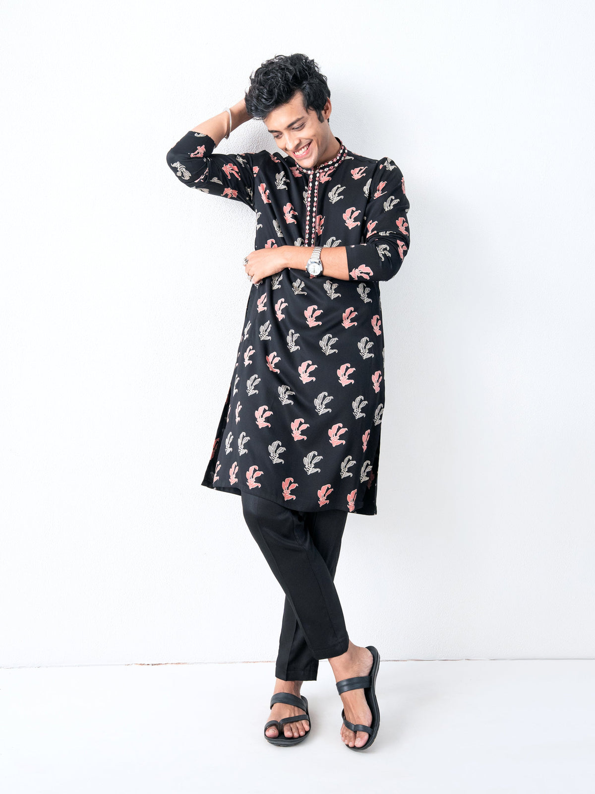 Mens Black Silk Print Kurta