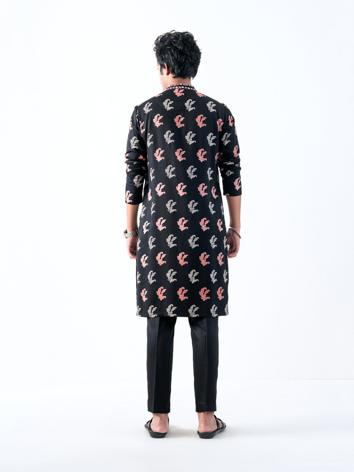 Mens Black Silk Print Kurta
