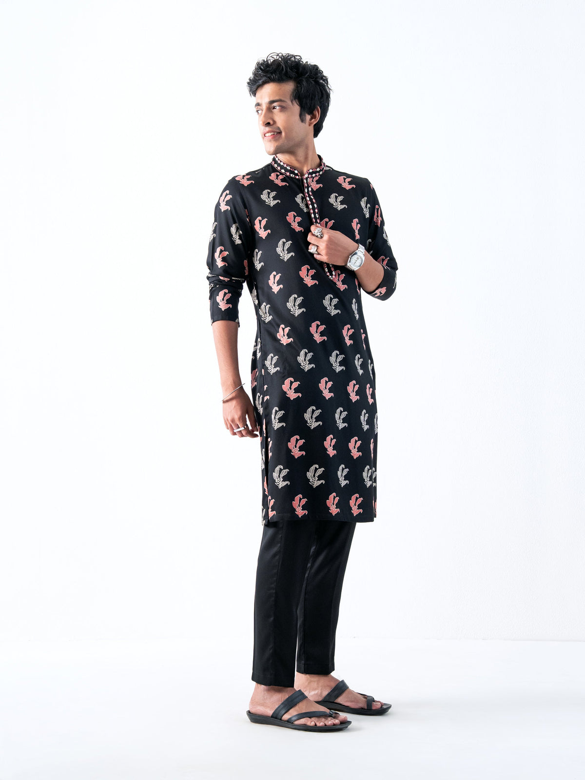Mens Black Silk Print Kurta