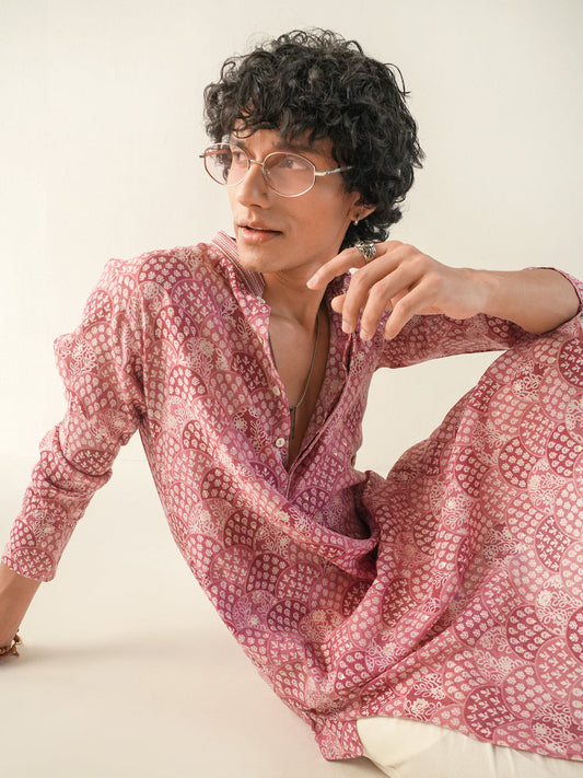 Mens Pink Blended Print Kurta