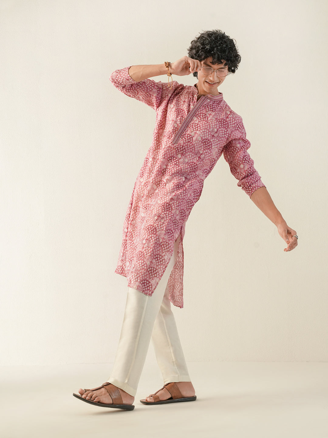 Mens Pink Blended Print Kurta