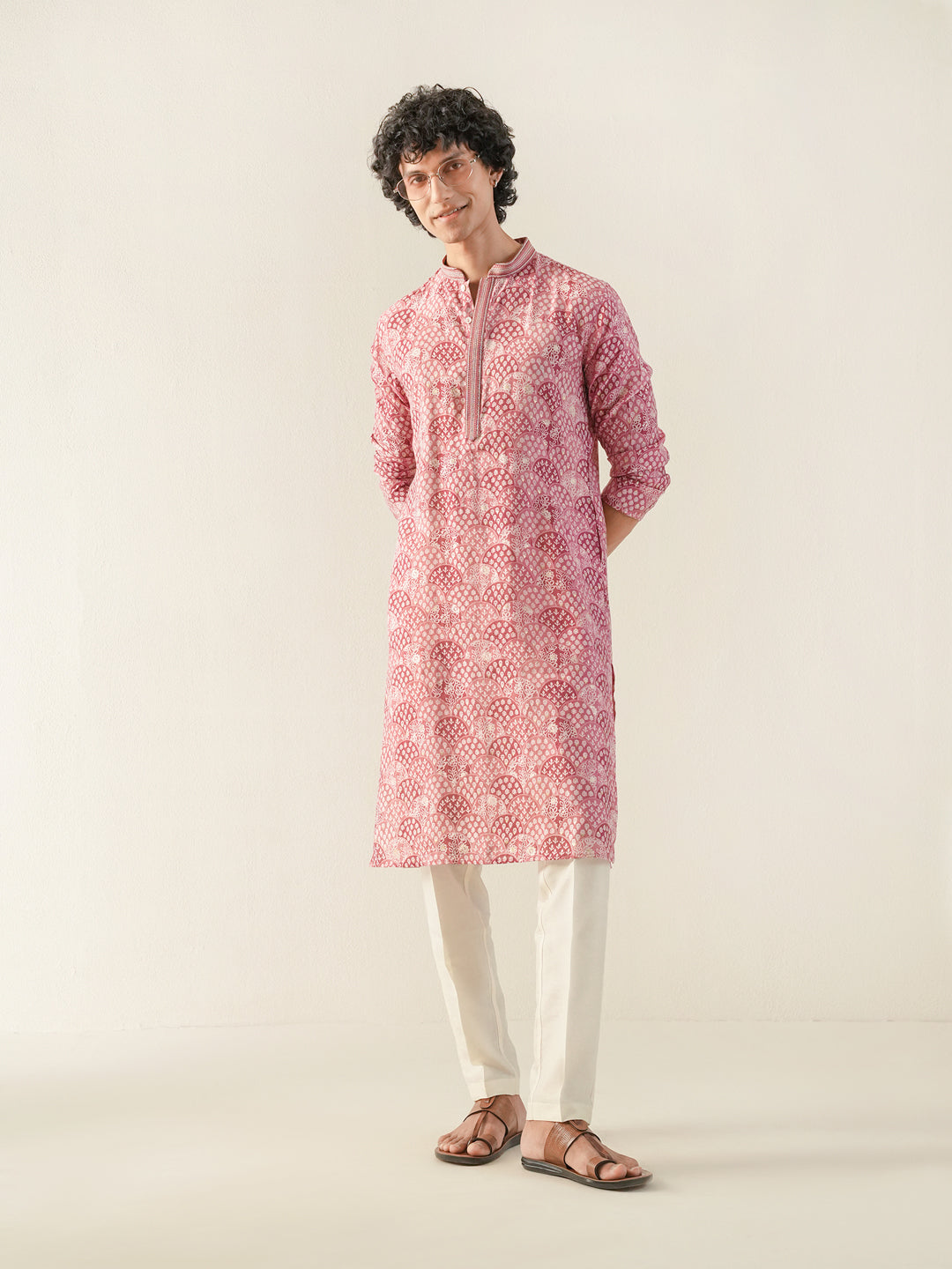 Mens Pink Blended Print Kurta