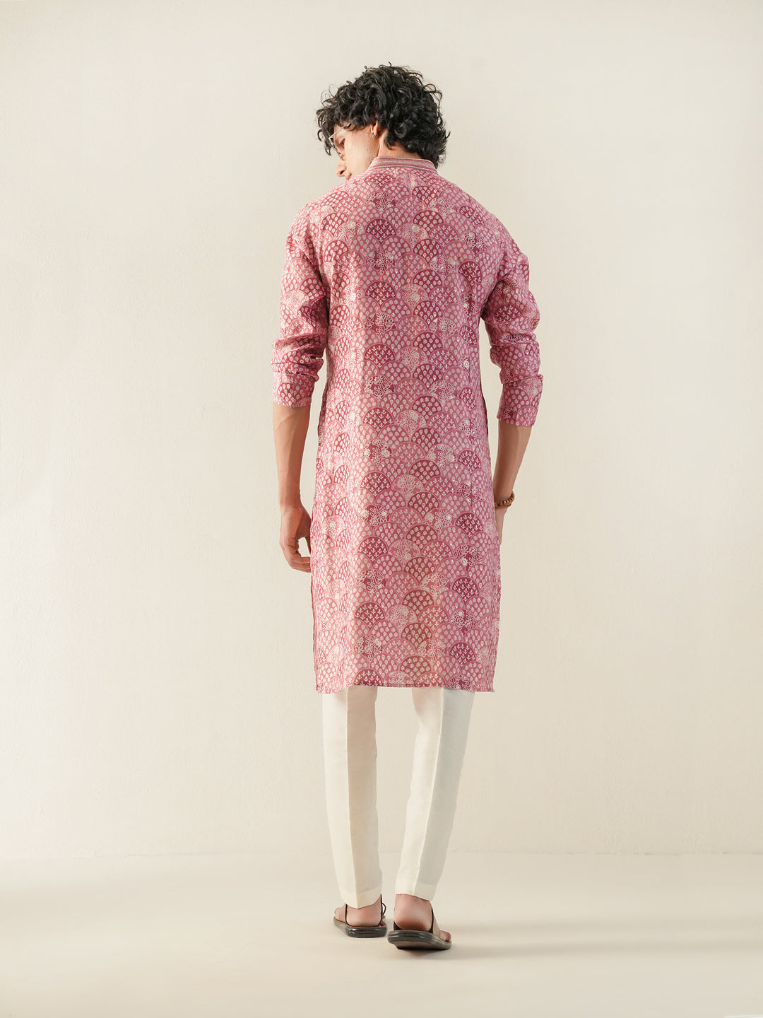 Mens Pink Blended Print Kurta